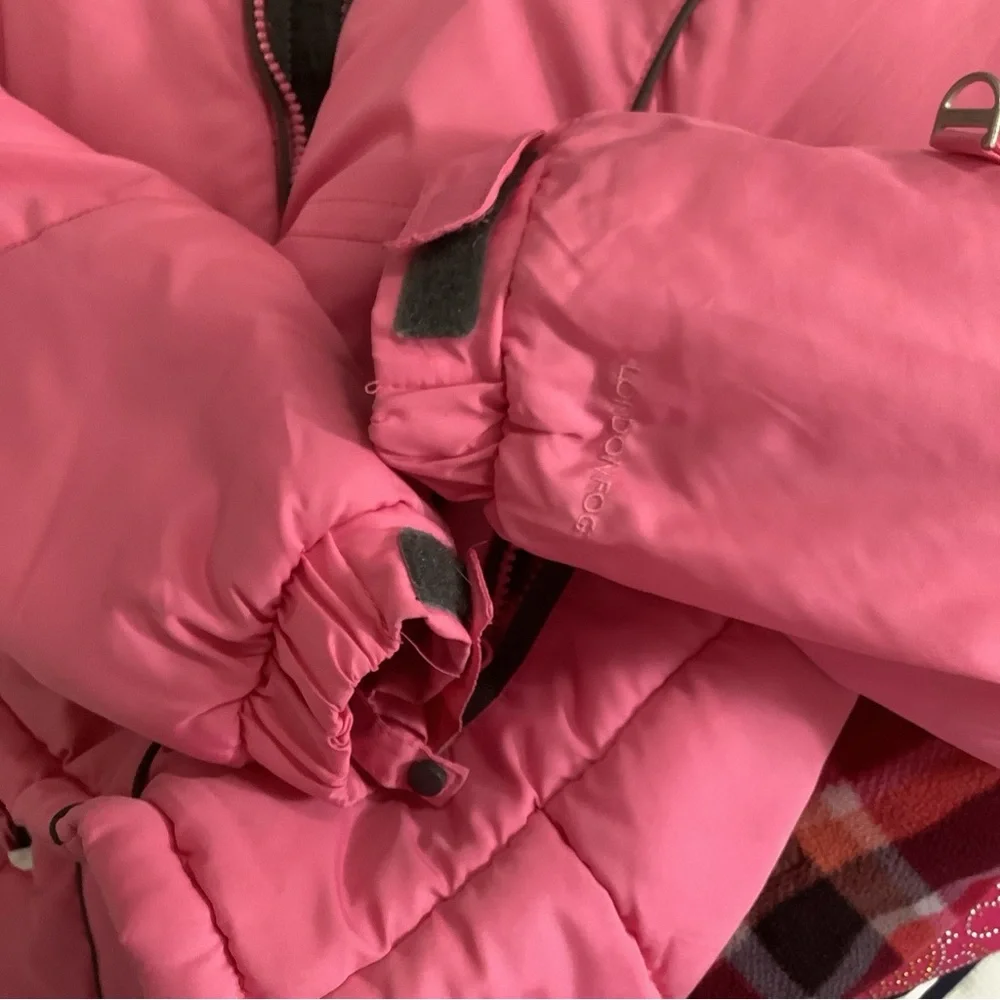 London Fog Girls Size L 14-16 Pink Faux Fur Puffer Hooded Jacket Coat W/plaid
